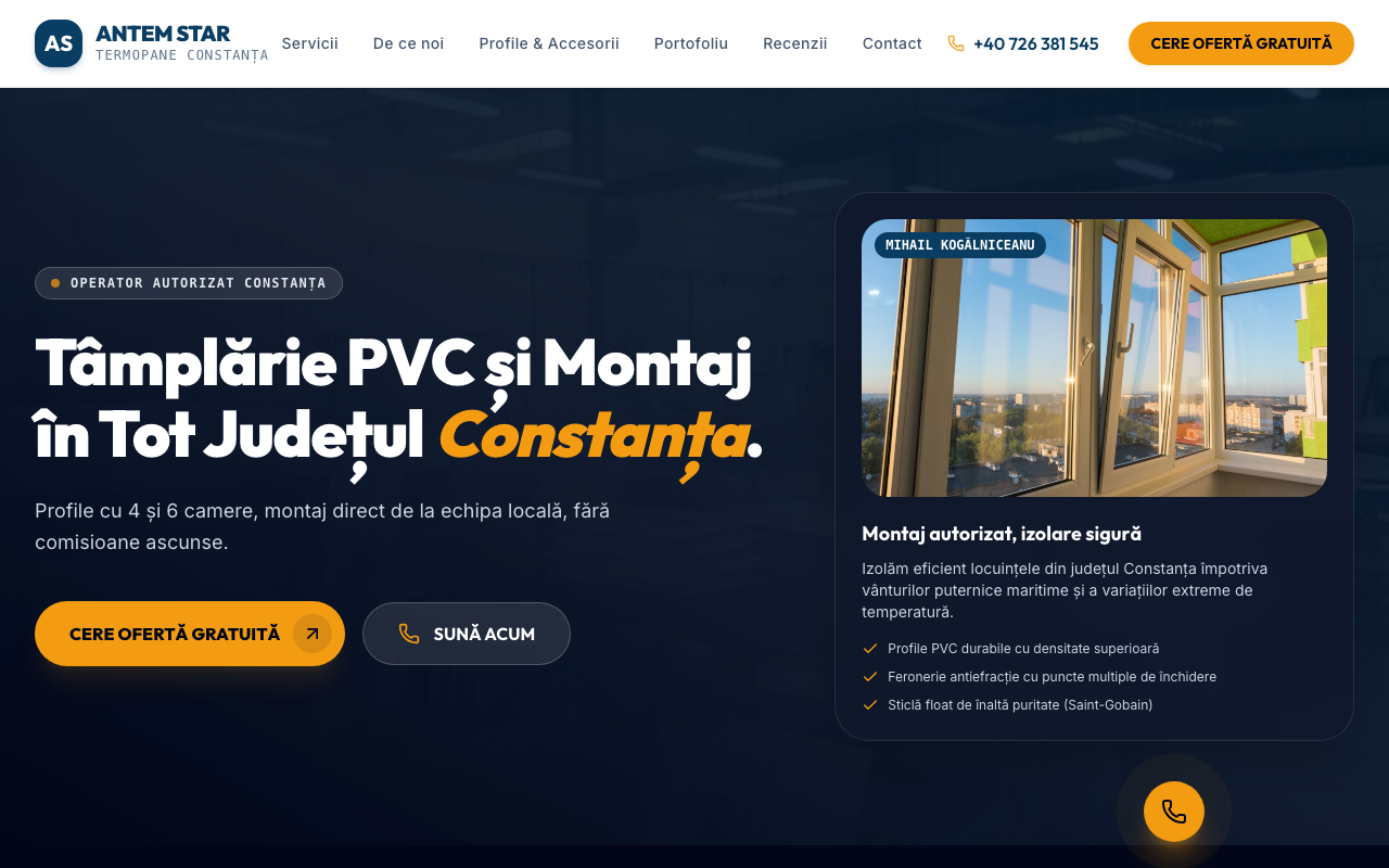 Site lead-gen pentru tâmplărie PVC — Antem Star, operator autorizat în județul Constanța.