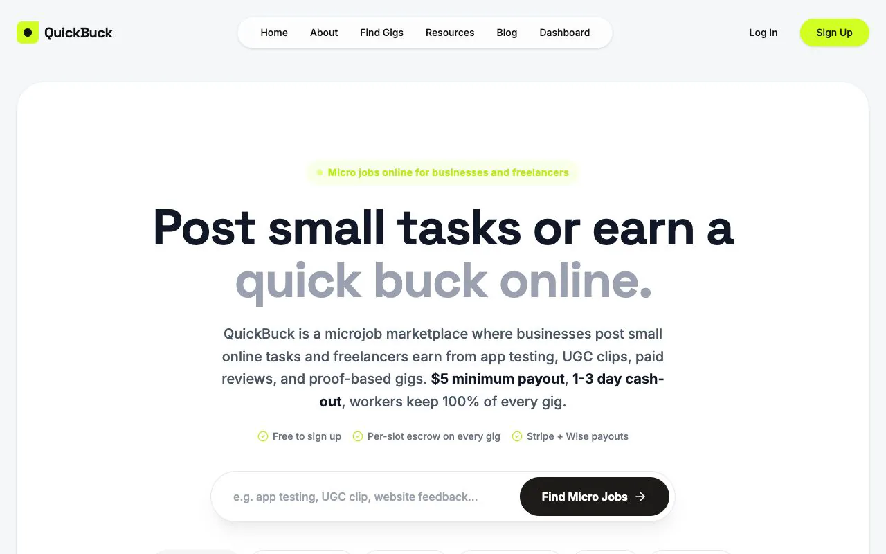 Captură completă a landing page-ului QuickBuck, marketplace de micro joburi